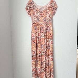 SOFT SURROUNDINGS‎ Long Orange Artsy Floral Maxi Dress Smocked Boho M